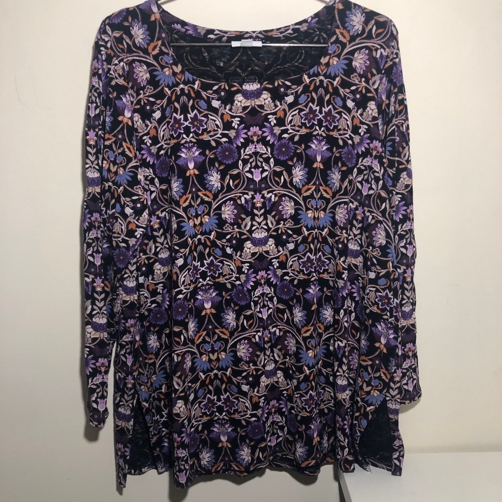 J Jill Tunic Top XL Purple Floral Stretch Colorful Long Sleeve Boho Tencel Blend